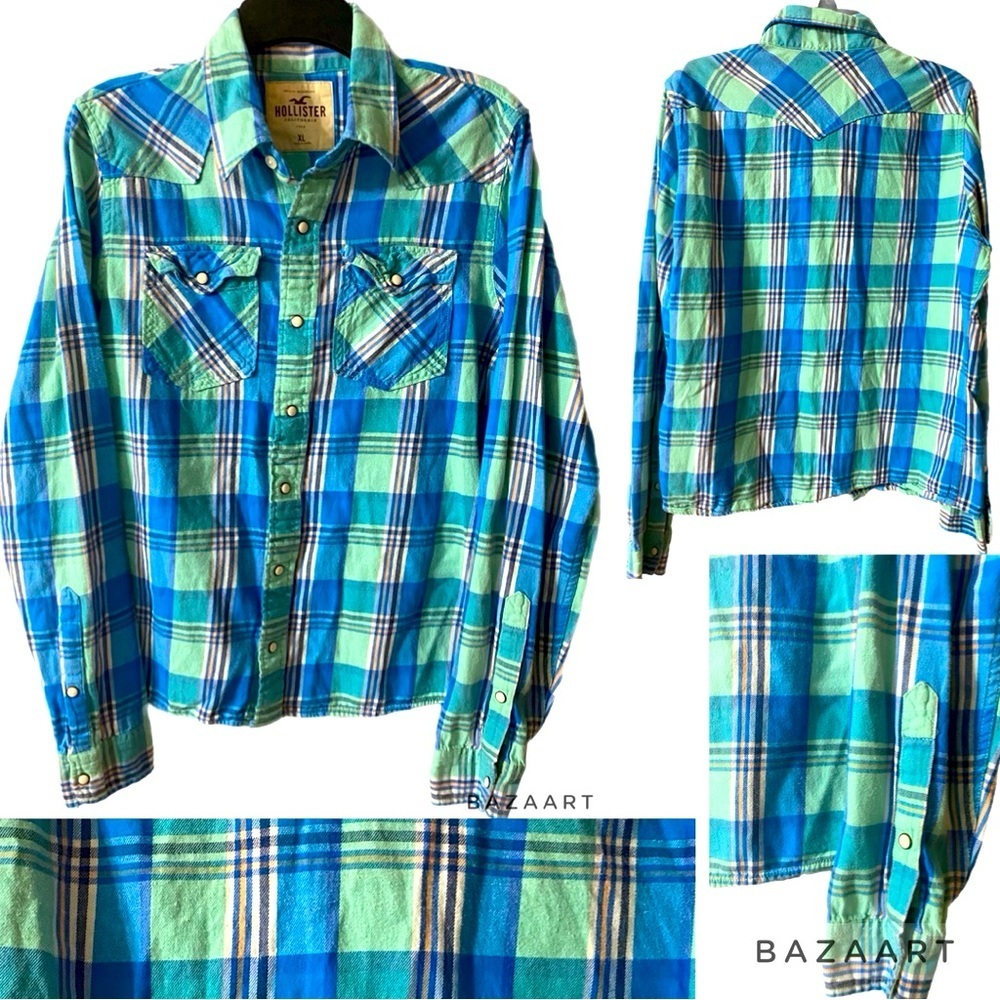 Hollister Blue and Green Plaid Button Down Shirt